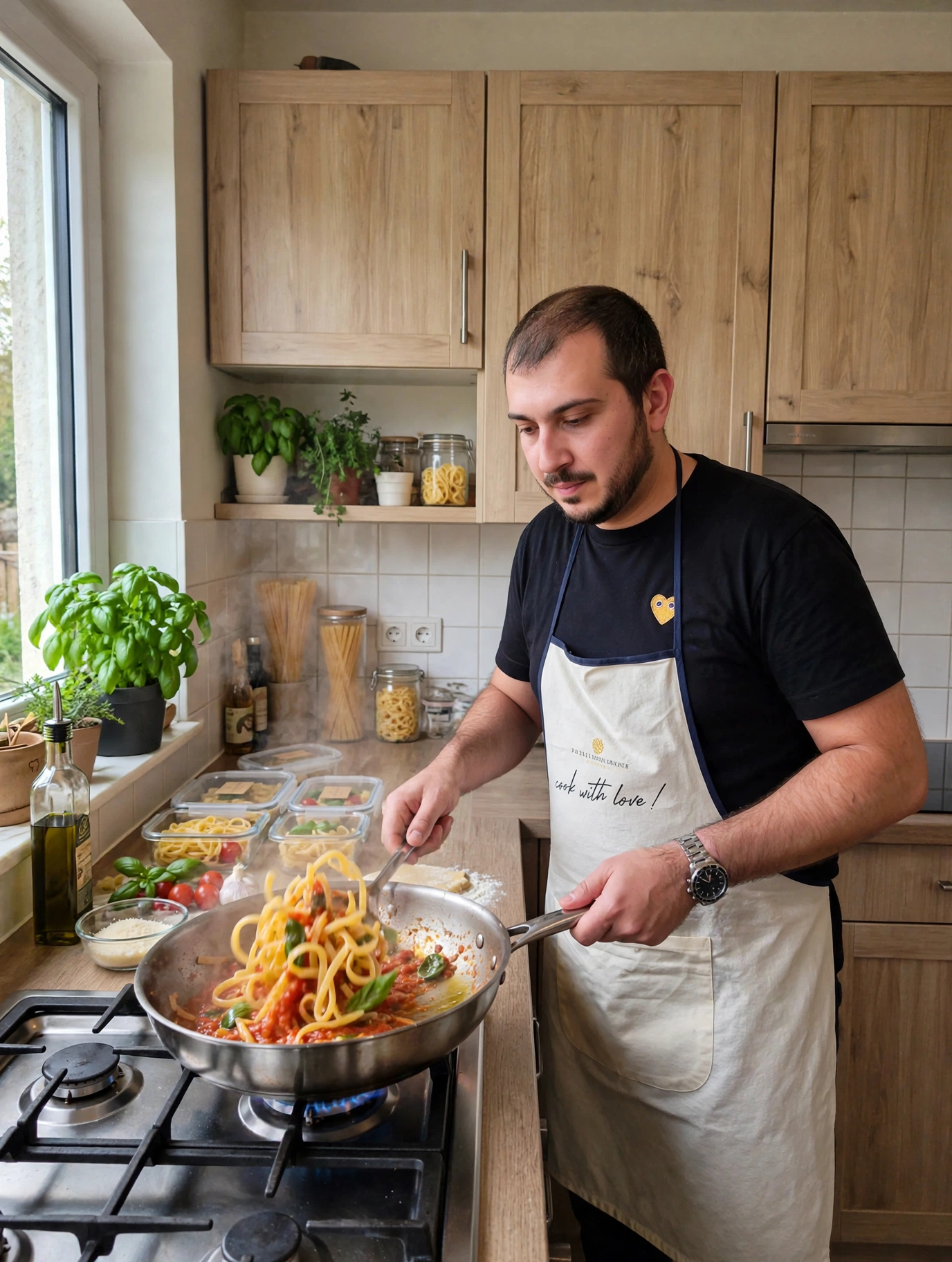 Carlo tossing fresh pasta and vegetables in a pan