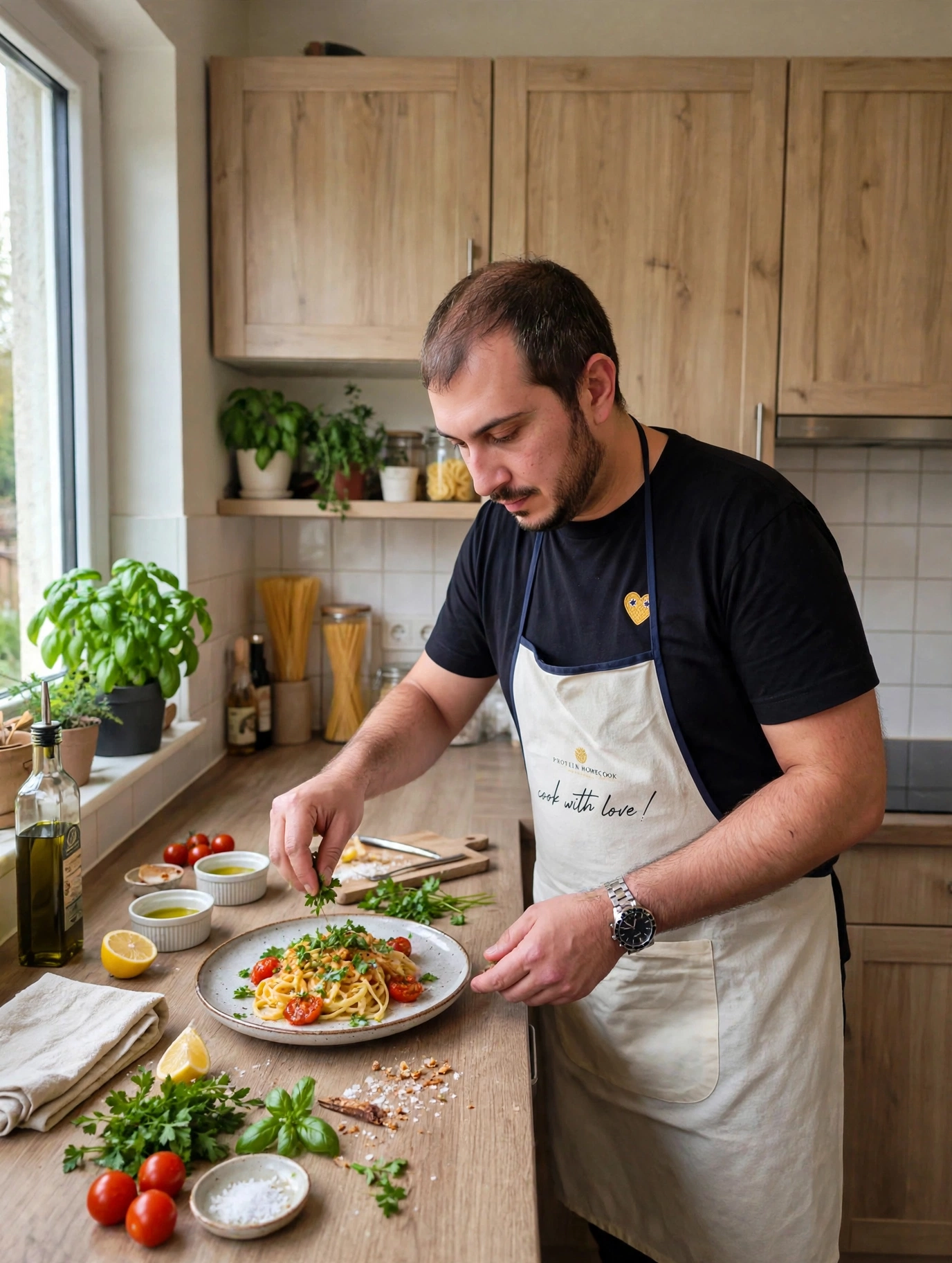 Carlo carefully plating a freshly prepared meal in his kitchen